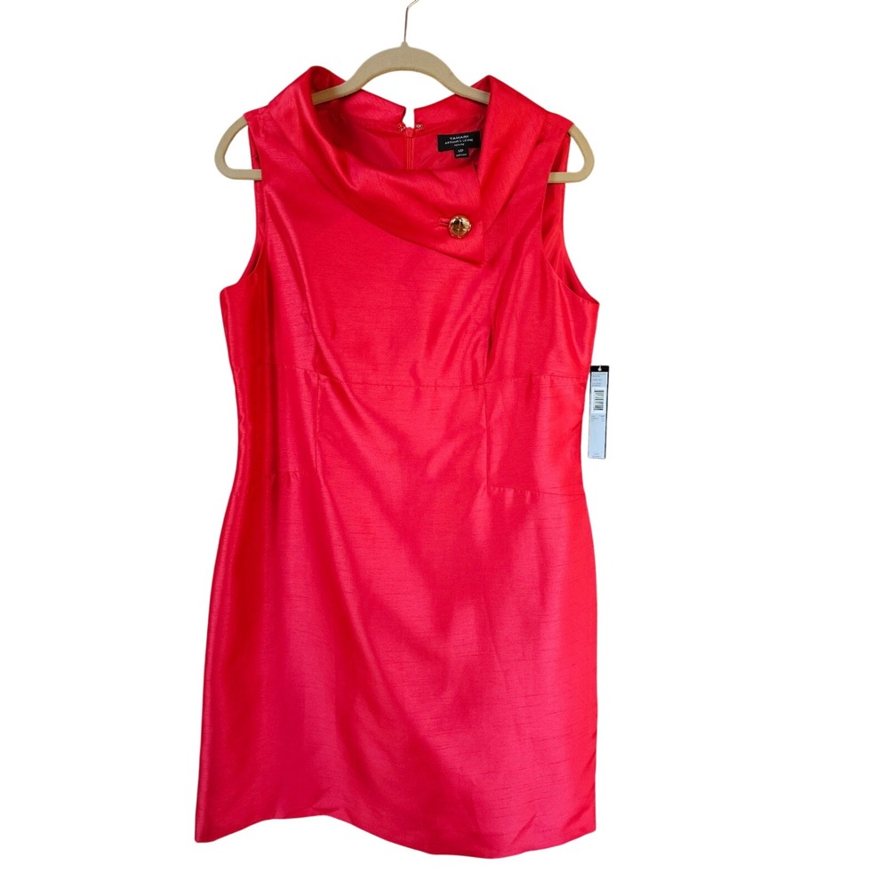 Tahari 14P Petite Red Sleeveless Sheath Dress Collared Button Detail Career NEW